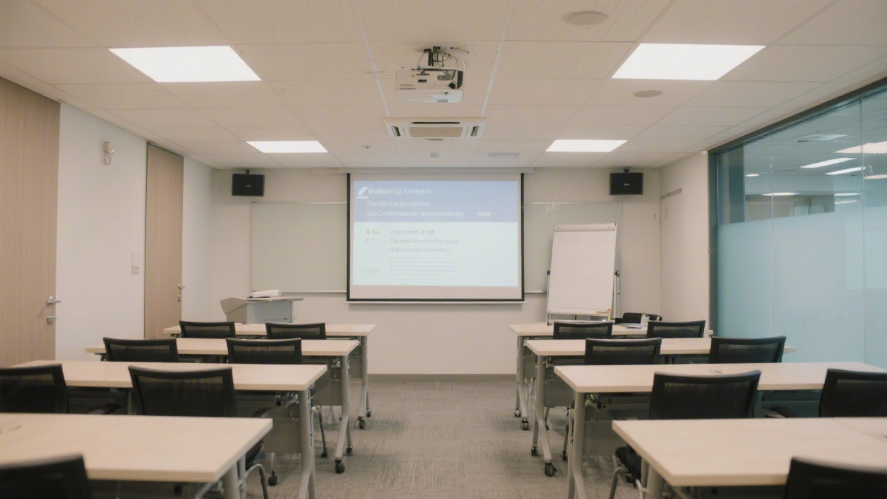Modern training room in Hong Kong with clean desks, neutral lighting, presentation screen, and a professional atmosphere for ecommerce workshops.