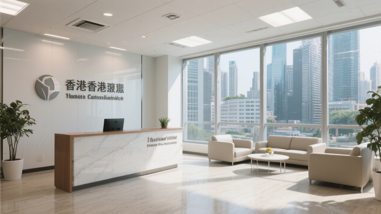 Professional office reception area in Central Hong Kong with clean signage, seating area, and daylight from large windows.