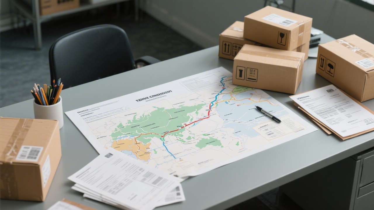 Logistics scene with parcels, customs paperwork, and route maps on a desk, illustrating cross-border ecommerce distribution between Hong Kong and Asia.