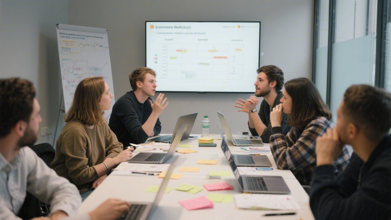 Group workshop with participants collaborating around a table, sticky notes, and printed ecommerce workflows, highlighting structured learning and teamwork.