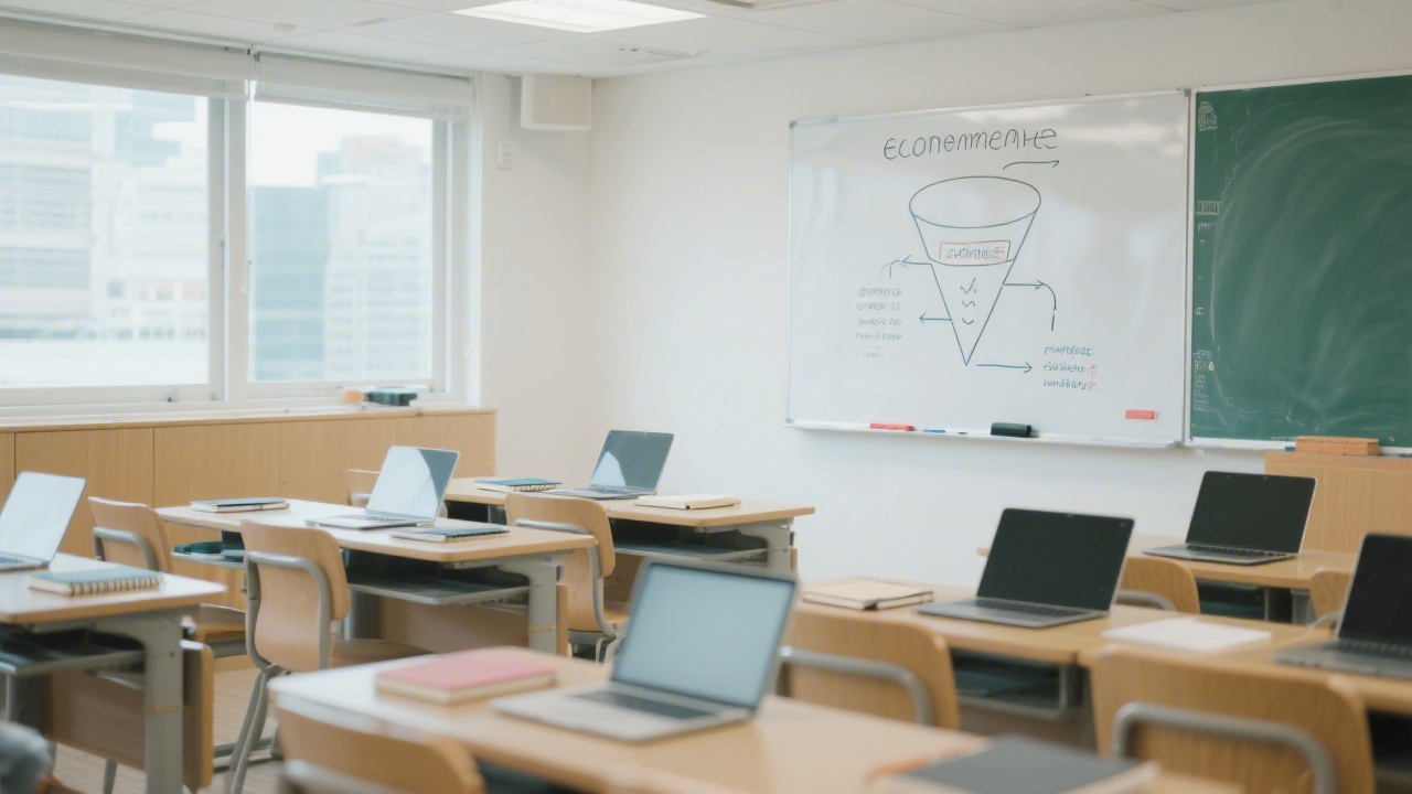 Bright classroom scene in Hong Kong with modern laptops, notebooks, and a whiteboard showing ecommerce funnel diagrams, conveying structured business education and practical training.