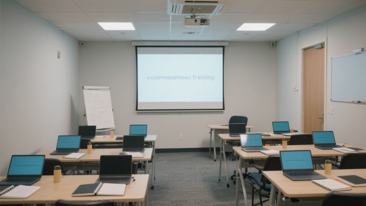 Training room with laptops, notebooks, and a projection screen, reflecting a professional learning environment for ecommerce training.