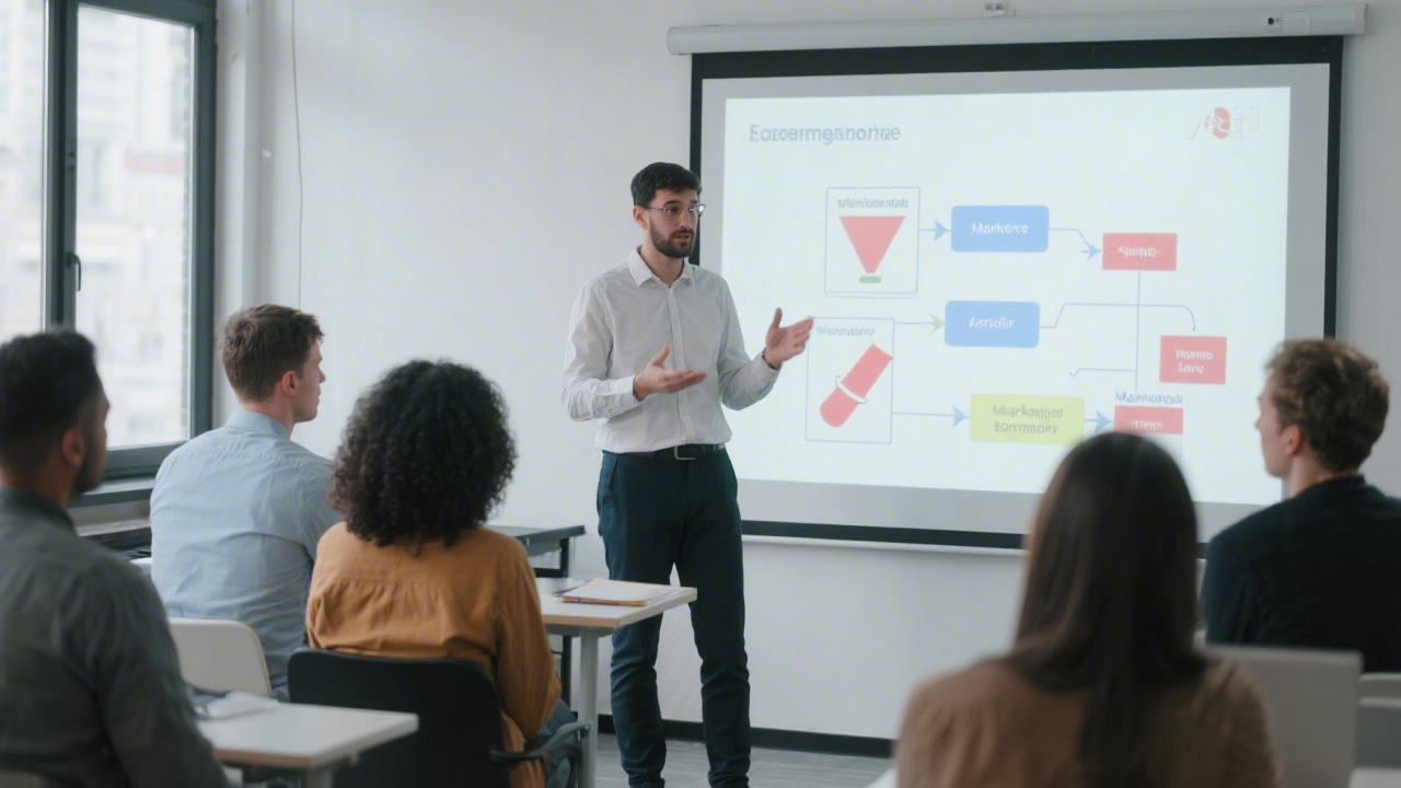 Instructor presenting ecommerce growth framework on a large display while participants take notes, representing structured instruction and planning.