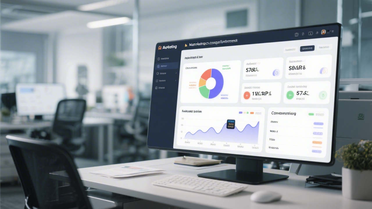 Digital advertising workspace with campaign dashboards, audience insights, and performance charts displayed on multiple monitors, reflecting structured media buying.