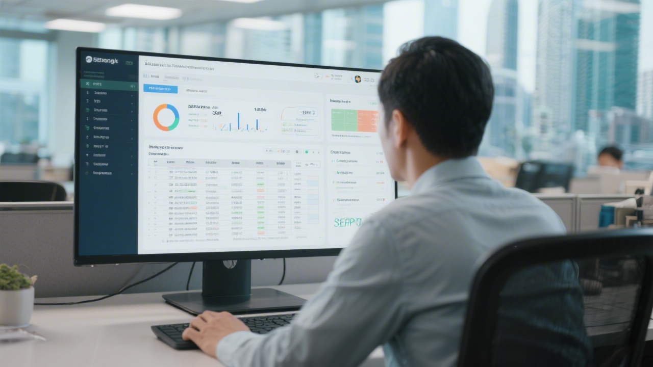 Marketing analyst reviewing SEO keyword research on a widescreen monitor with spreadsheets, SERP analysis, and competitor benchmarking in a Hong Kong office.
