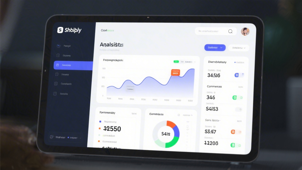 Close-up of a Shopify admin dashboard on a laptop with product listings, analytics charts, and order management panels in a clean office environment.